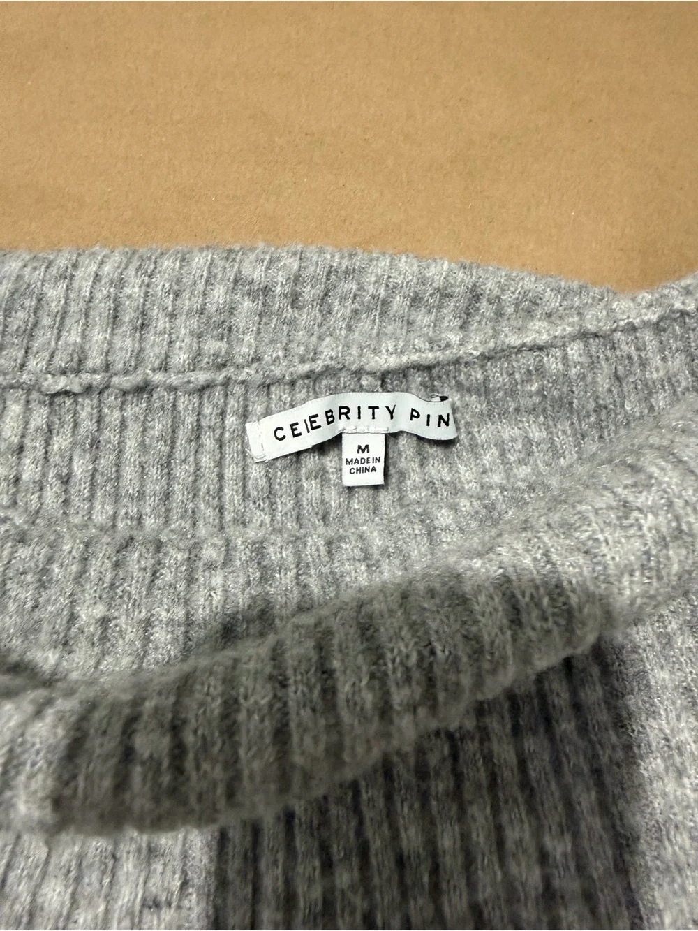Celebrity Pink Gray Off-the-Shoulder Ribbed Ruffle Sweater